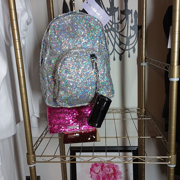 Madden Girl Handbags - Madden Girl Multifaceted Sequin Backpack with Black Patent Leather key Chain